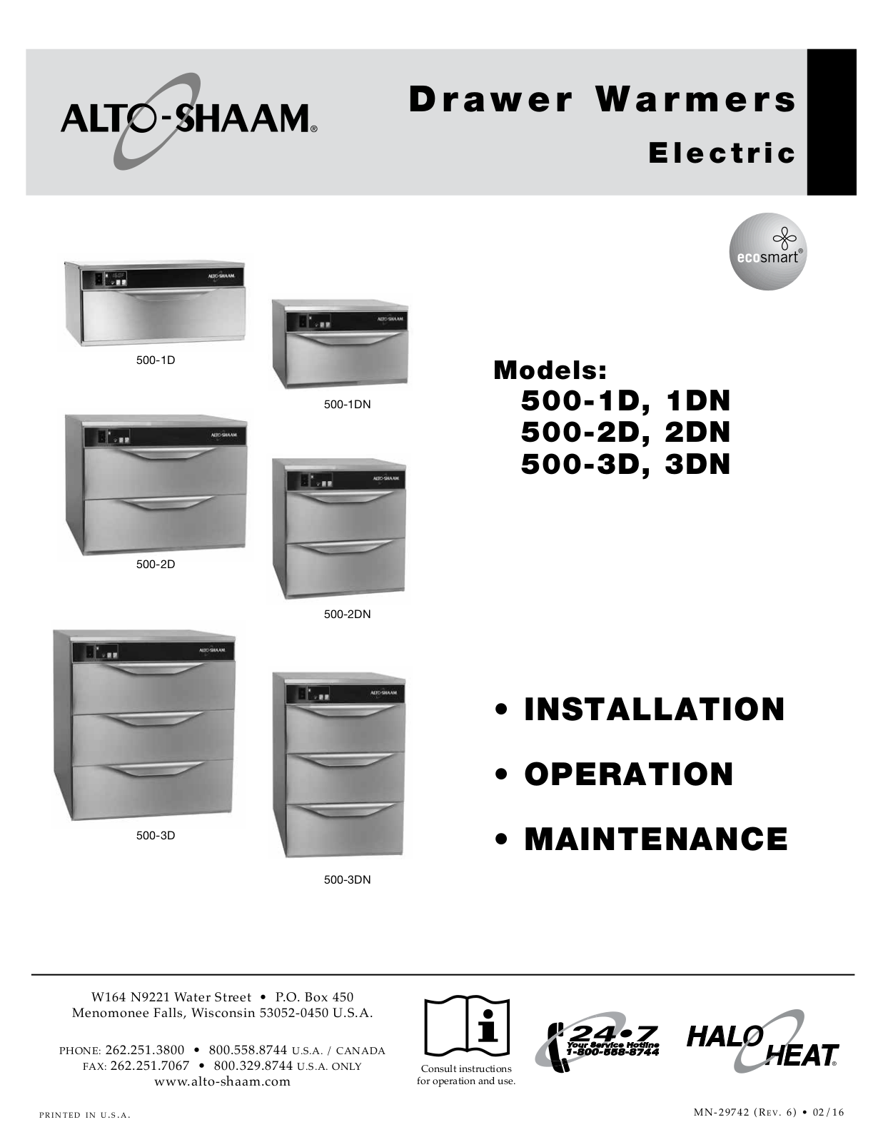 Alto-Shaam HALO HEAT ECOSMART 500-2DN, HALO HEAT ECOSMART 500-1D, HALO HEAT ECOSMART 500-3DN, HALO HEAT ECOSMART 500-3D, HALO HEAT ECOSMART 500-1DN Installation Operation & Maintenance