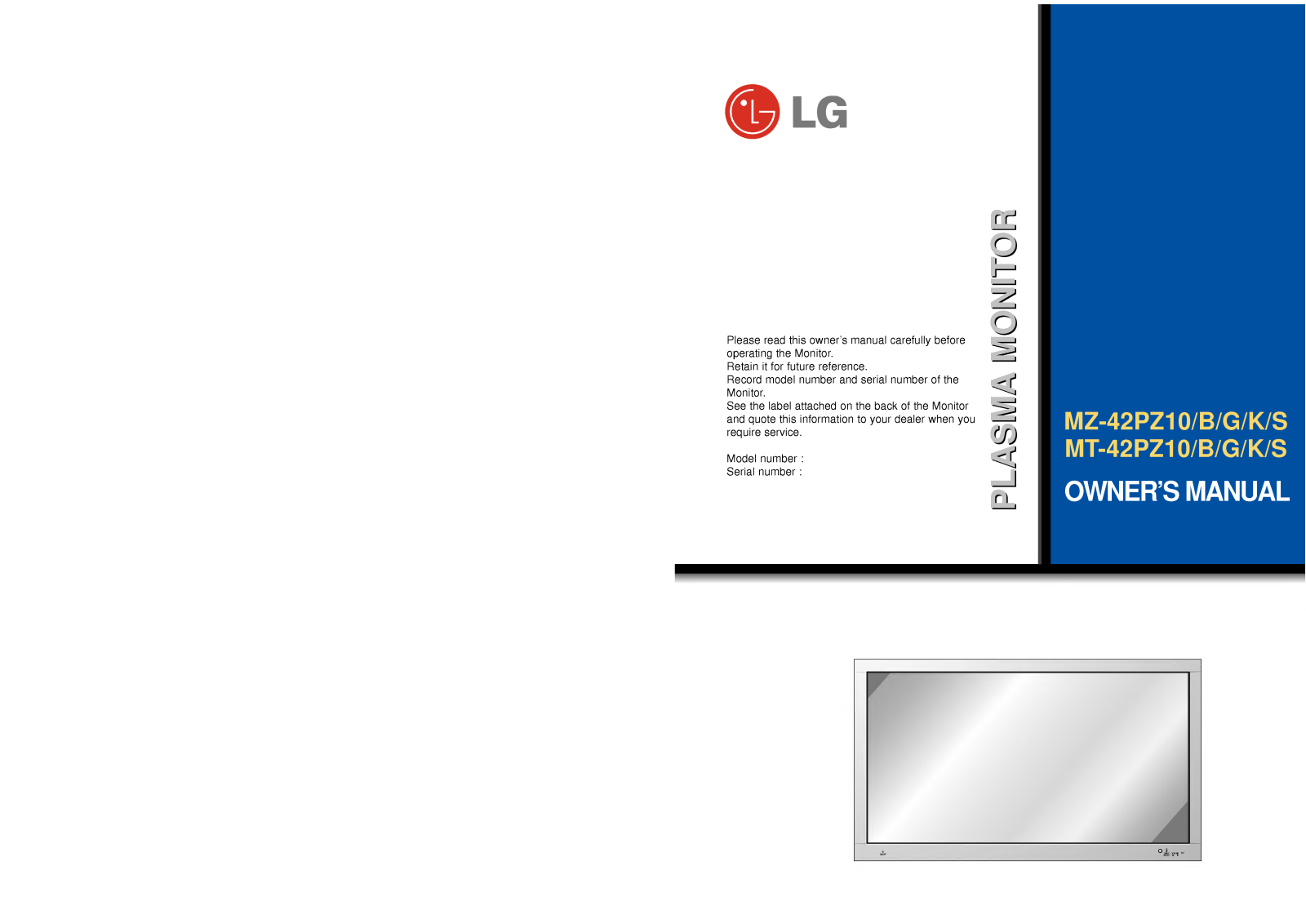 LG MZ-42PZ10, MT-42PZ10, MZ-42PZ14, MT-40PZ10, MZ-40PZ10 User Manual