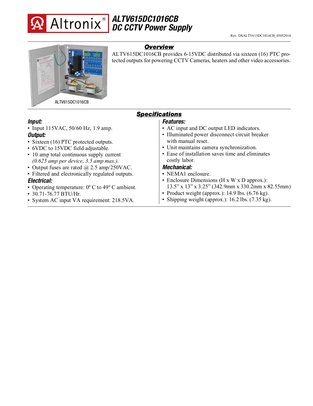 Altronix ALTV615DC1016CB Specsheet