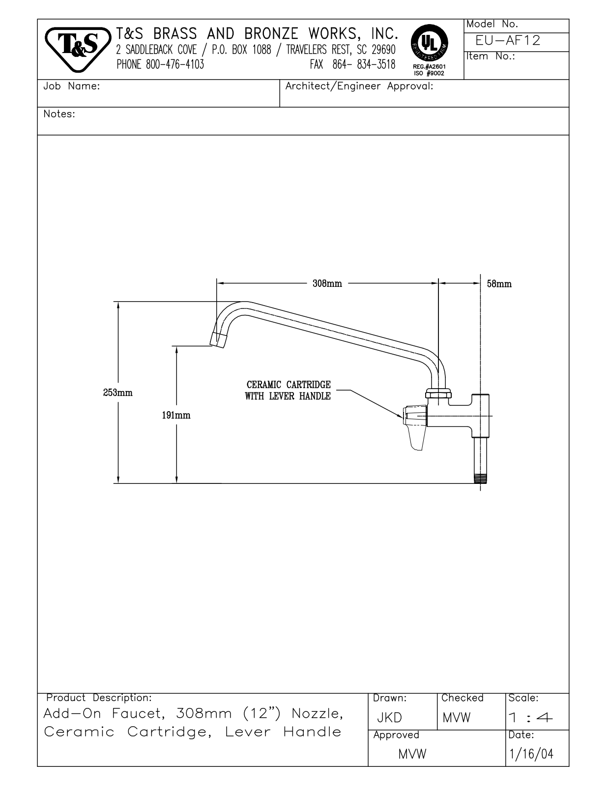 T&S Brass EU-AF12 User Manual