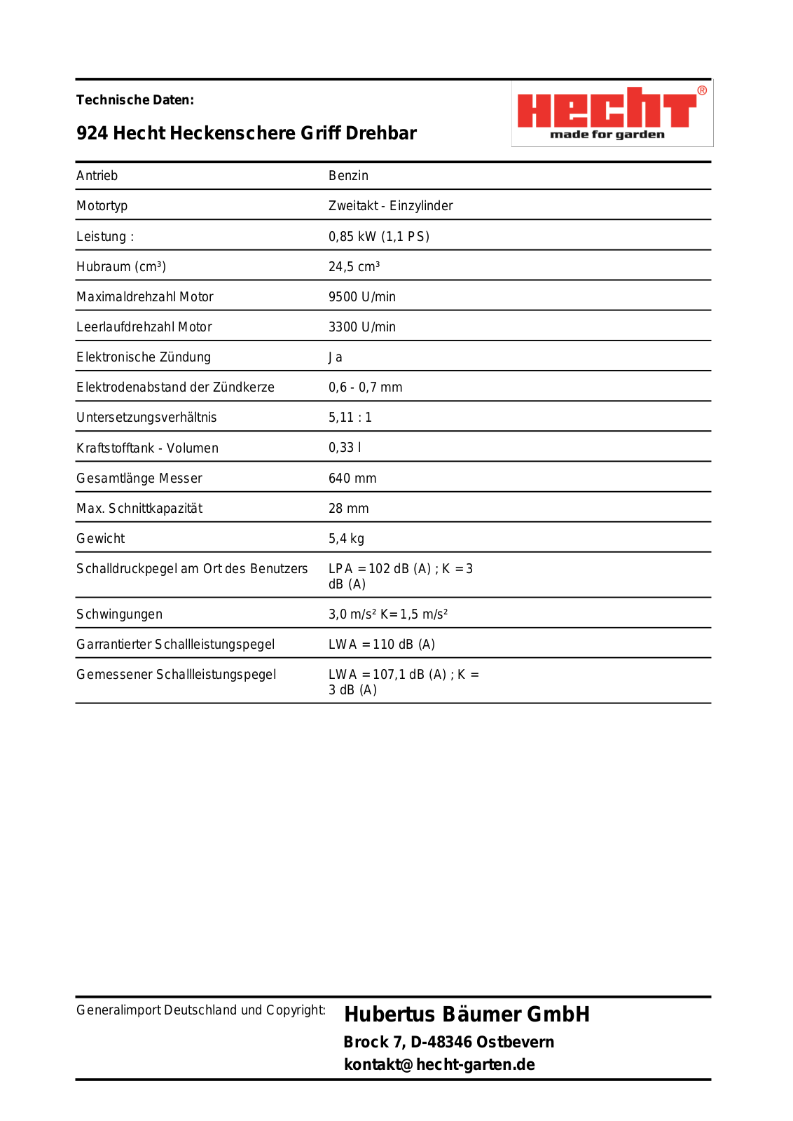 Hecht 924 Technical data