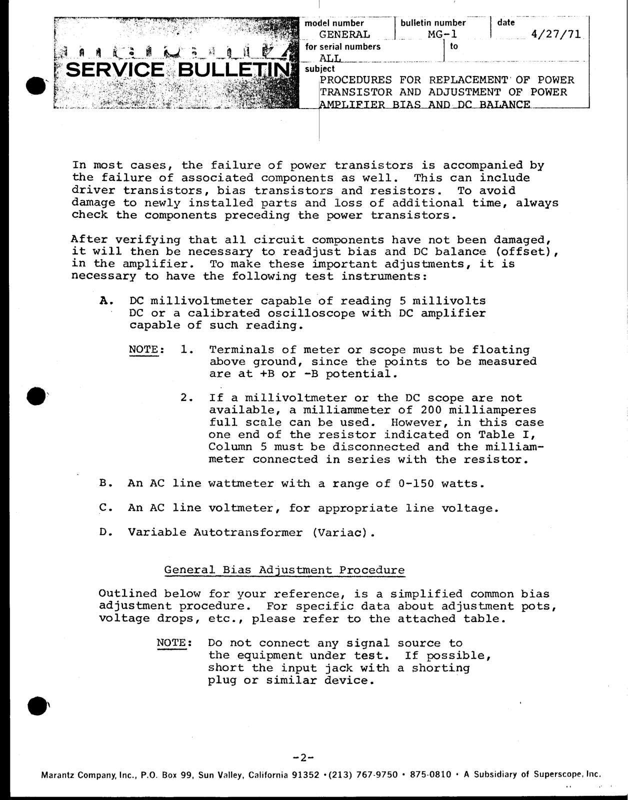 Marantz MG-1 Sevice Bulletin