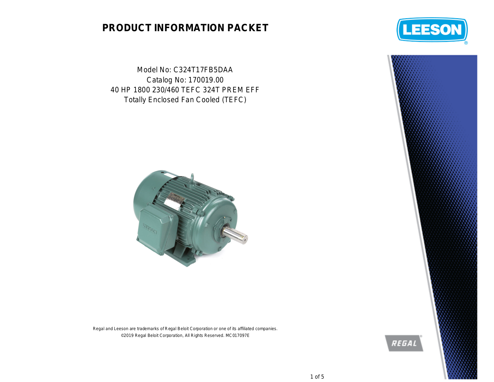 Leeson 170019.00 PRODUCT INFORMATION PACKET