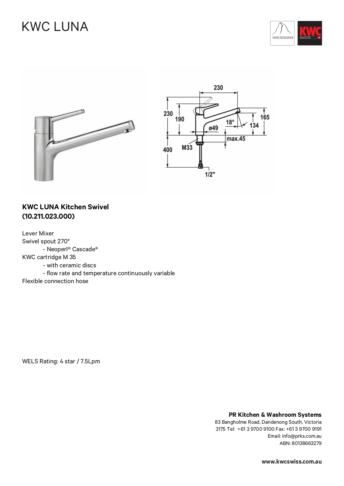 KWC 10211023CH Specifications Sheet