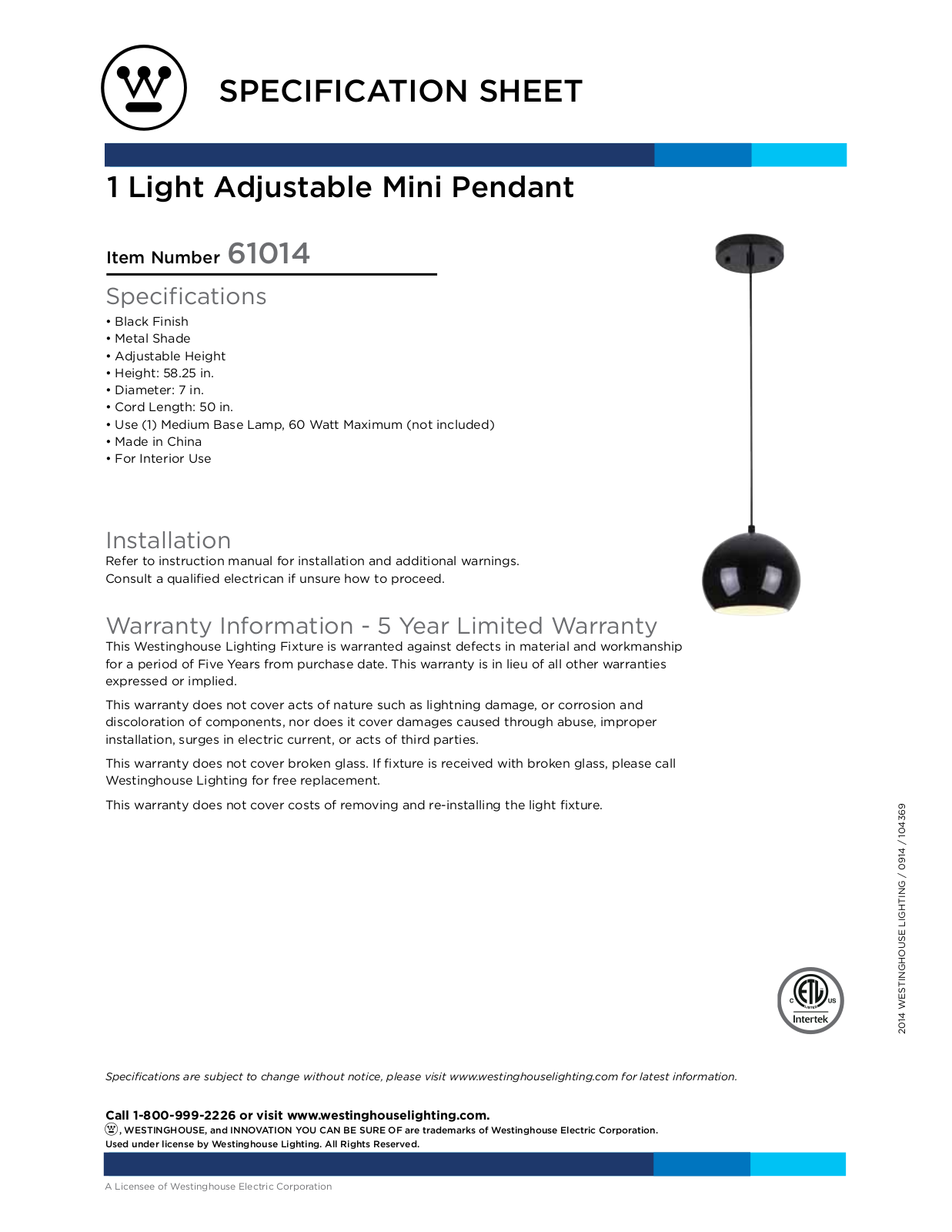 Westinghouse 6101400 Specification