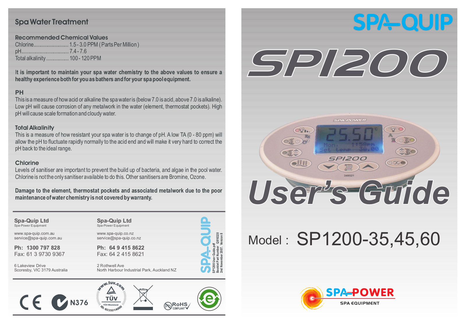 Spa-quip SP-1200-35, SP-1200-45, SP-1200-60 User Manual