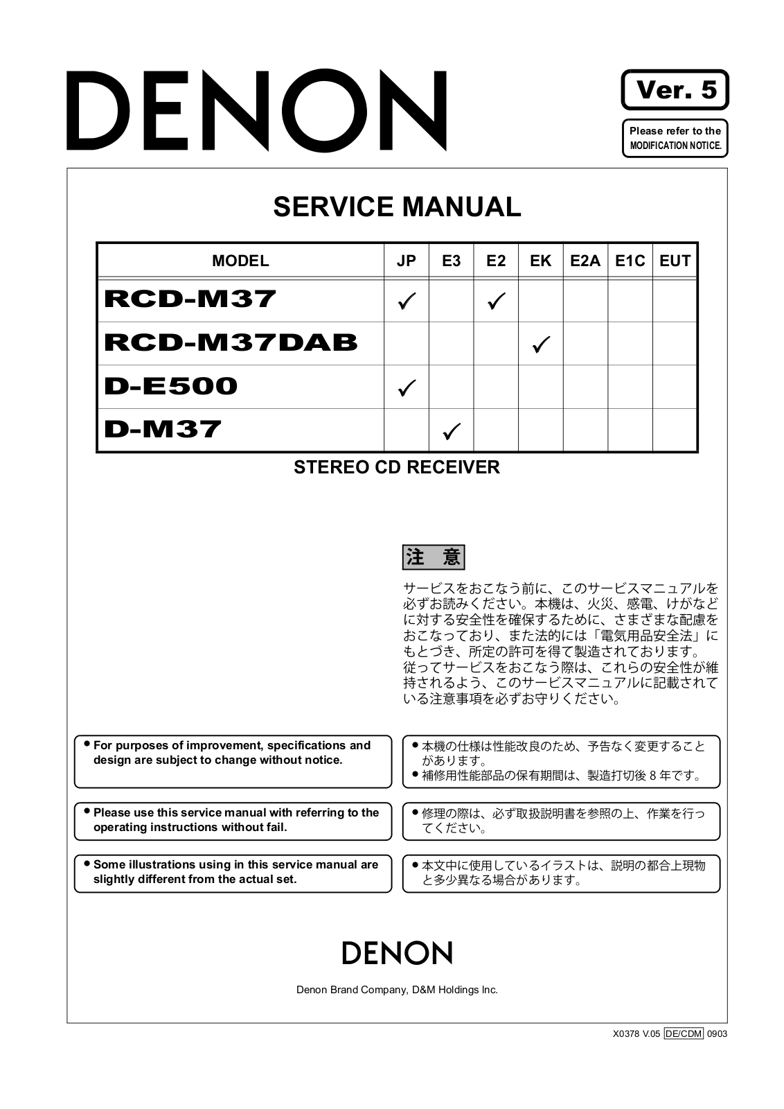 Denon RCD-M37, D-E500, D-M37 Service Manual