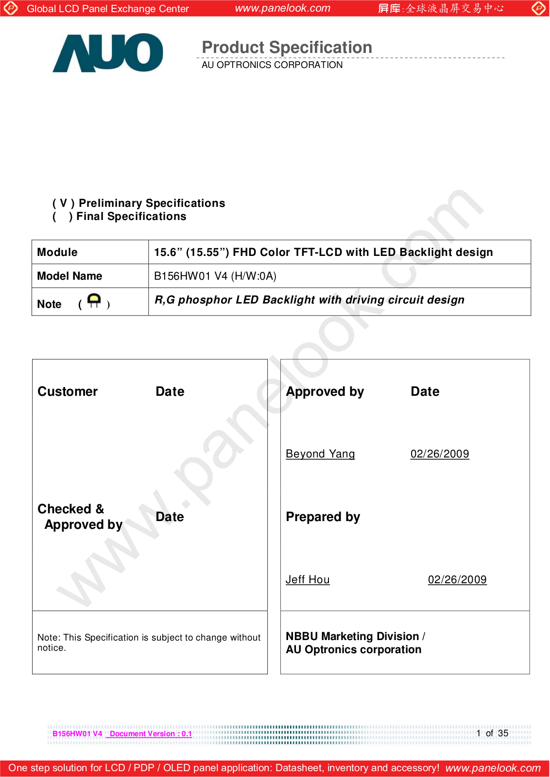 AUO B156HW01 V4 Specification