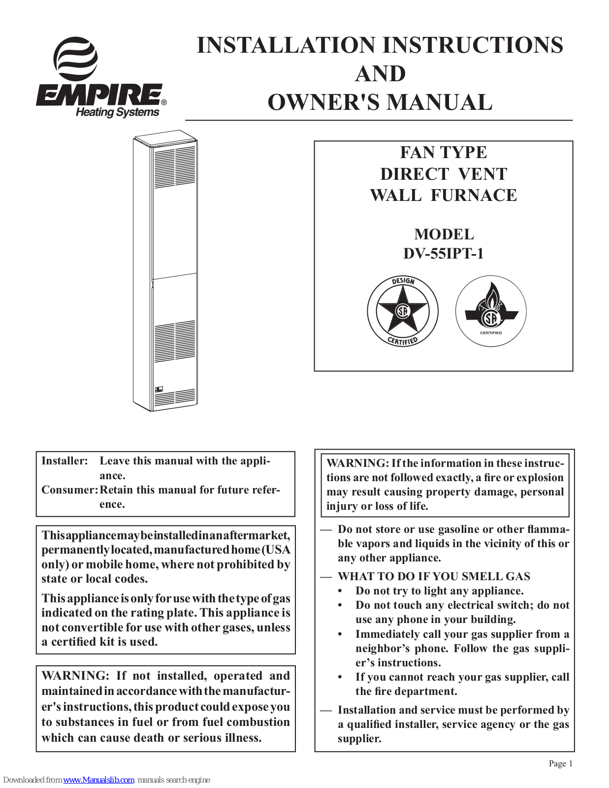 Empire Heating Systems DV-55IPT-1 Installation Instructions And Owner's Manual