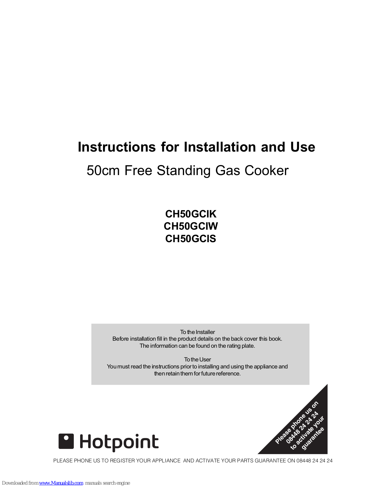 Hotpoint CH50GCIS Instructions For Installation And Use Manual