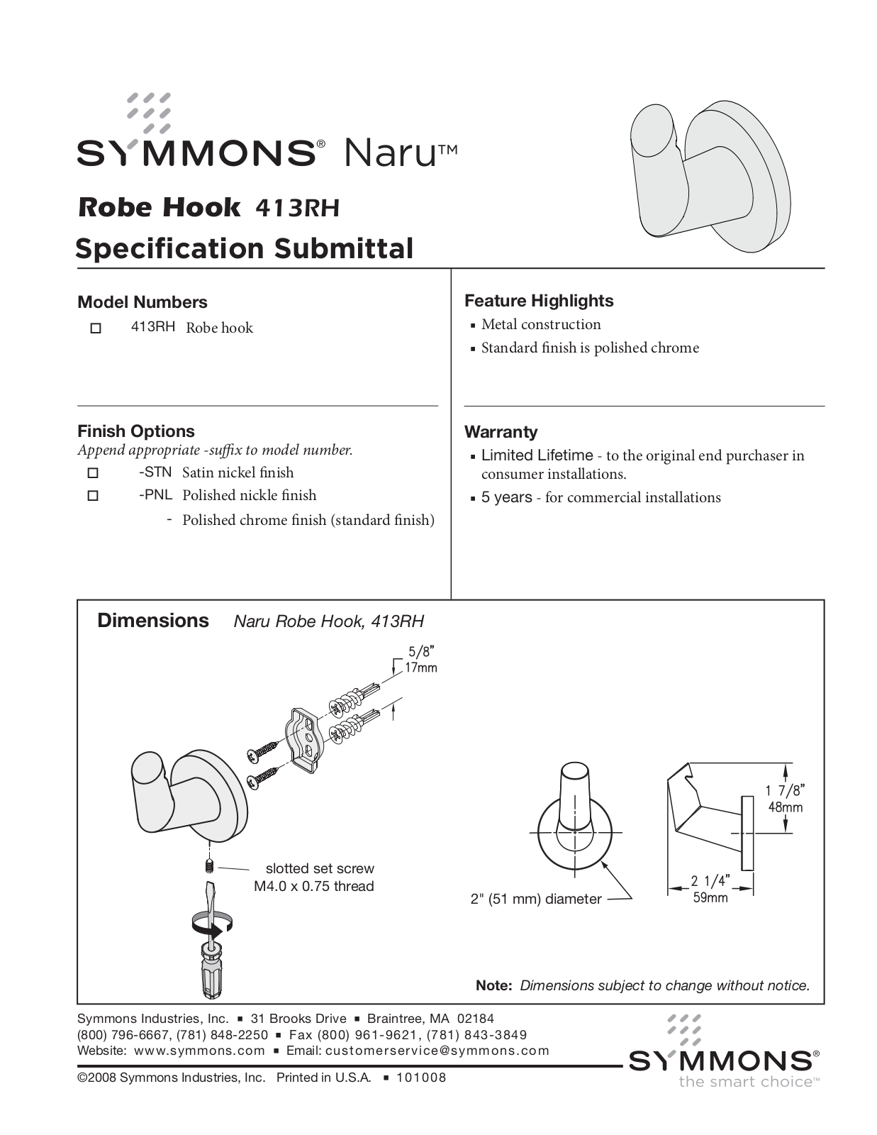 Symmons 413RH User Manual