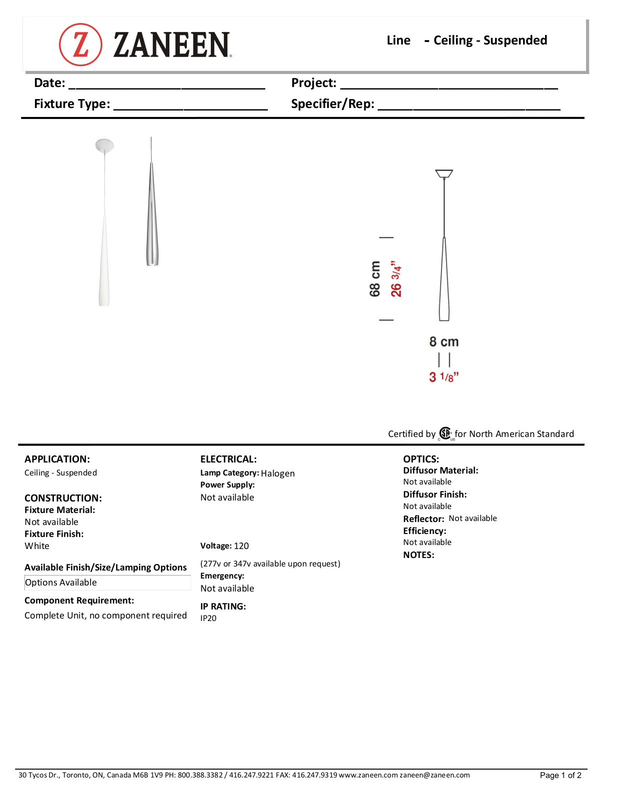 ZANEEN design ZN3336 Specifications