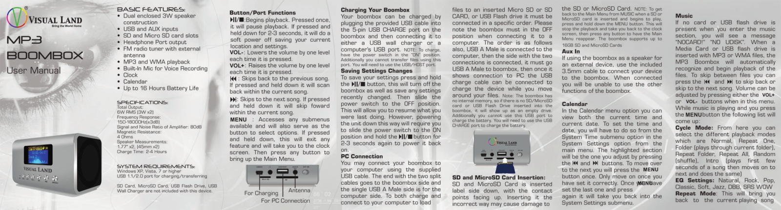 Visual Land ME 909, MP3 Boombox User Manual