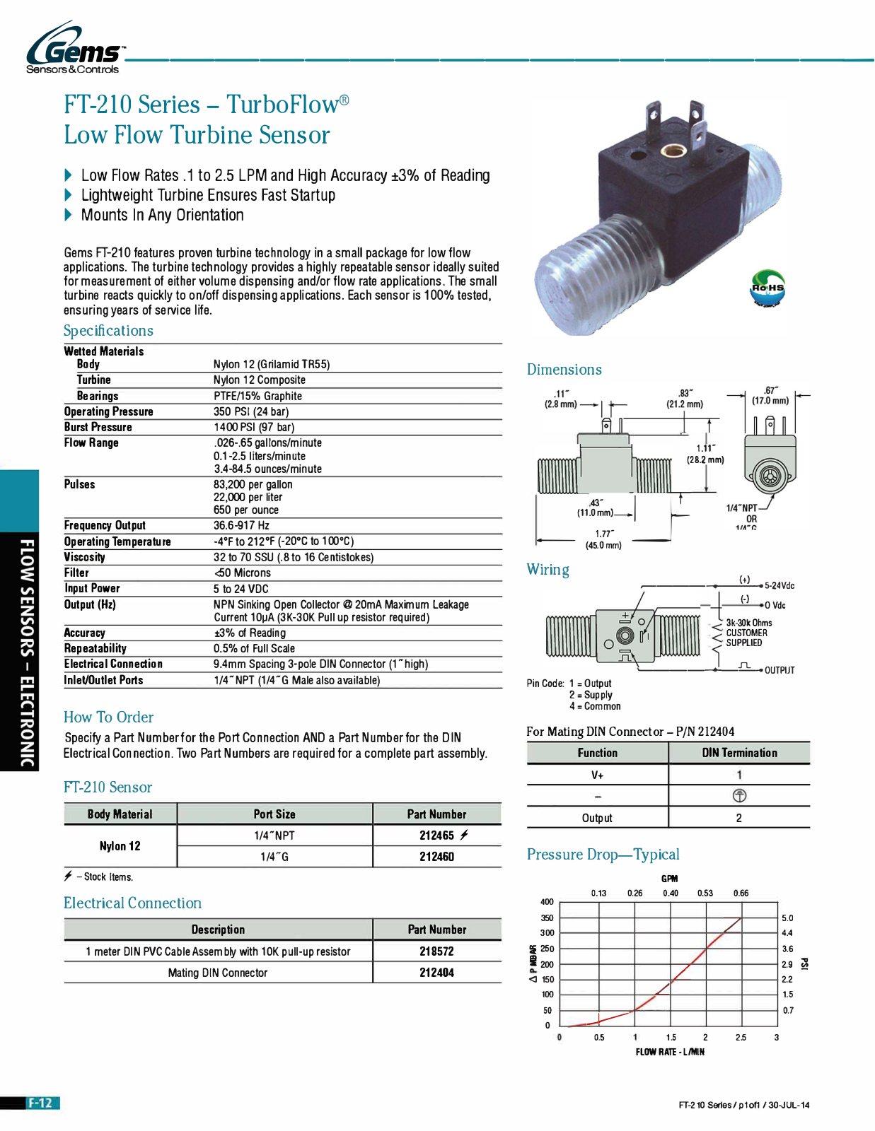 Gems Sensors & Controls FT-210 Series Catalog Page