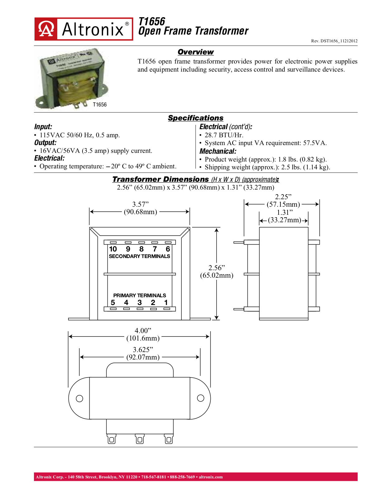 Altronix T1656 Specsheet