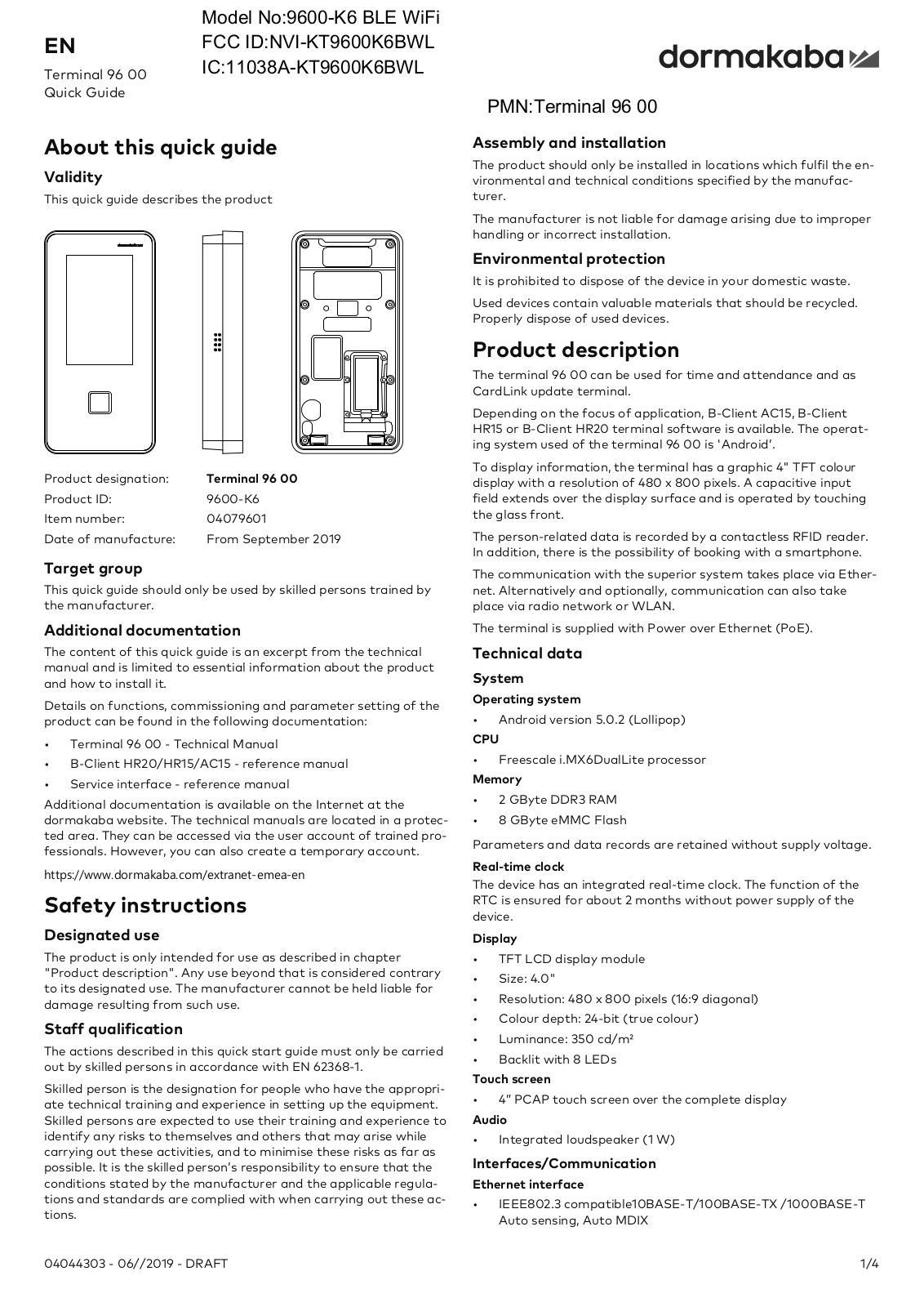 dormakaba EAD KT9600K6BWL Users Manual