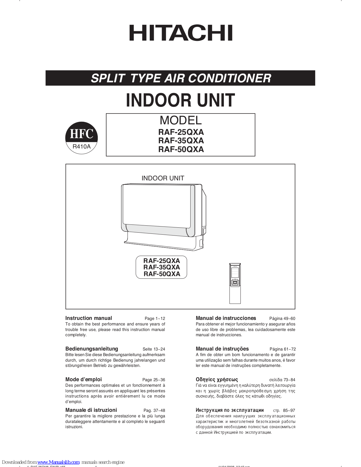 Hitachi RAF-25QXA, RAF-35QXA, RAF-50QXA Instruction Manual