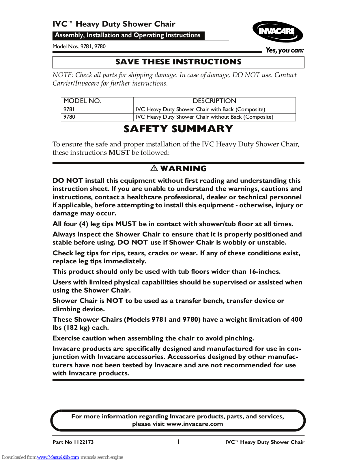 Invacare IVC Heavy Duty Shower Chair 9780, IVC Heavy Duty Shower Chair 9781, IVC 9781, IVC 9780 Installation & Operating Instructions Manual