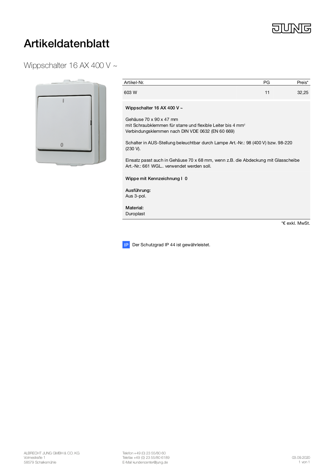 Jung 603 W User Manual