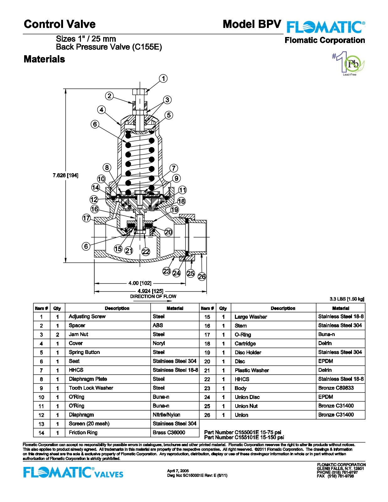 Flomatic BPV Parts List