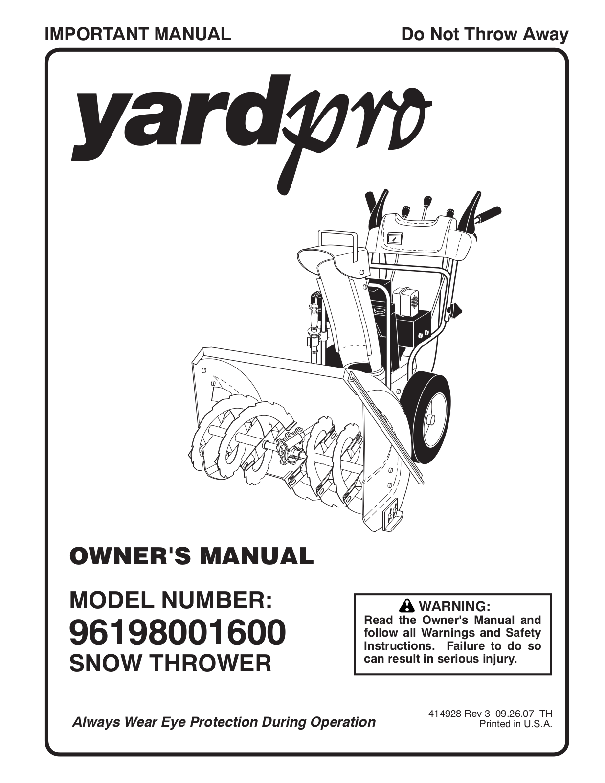 Yard Pro 96198001600 Owner's Manual