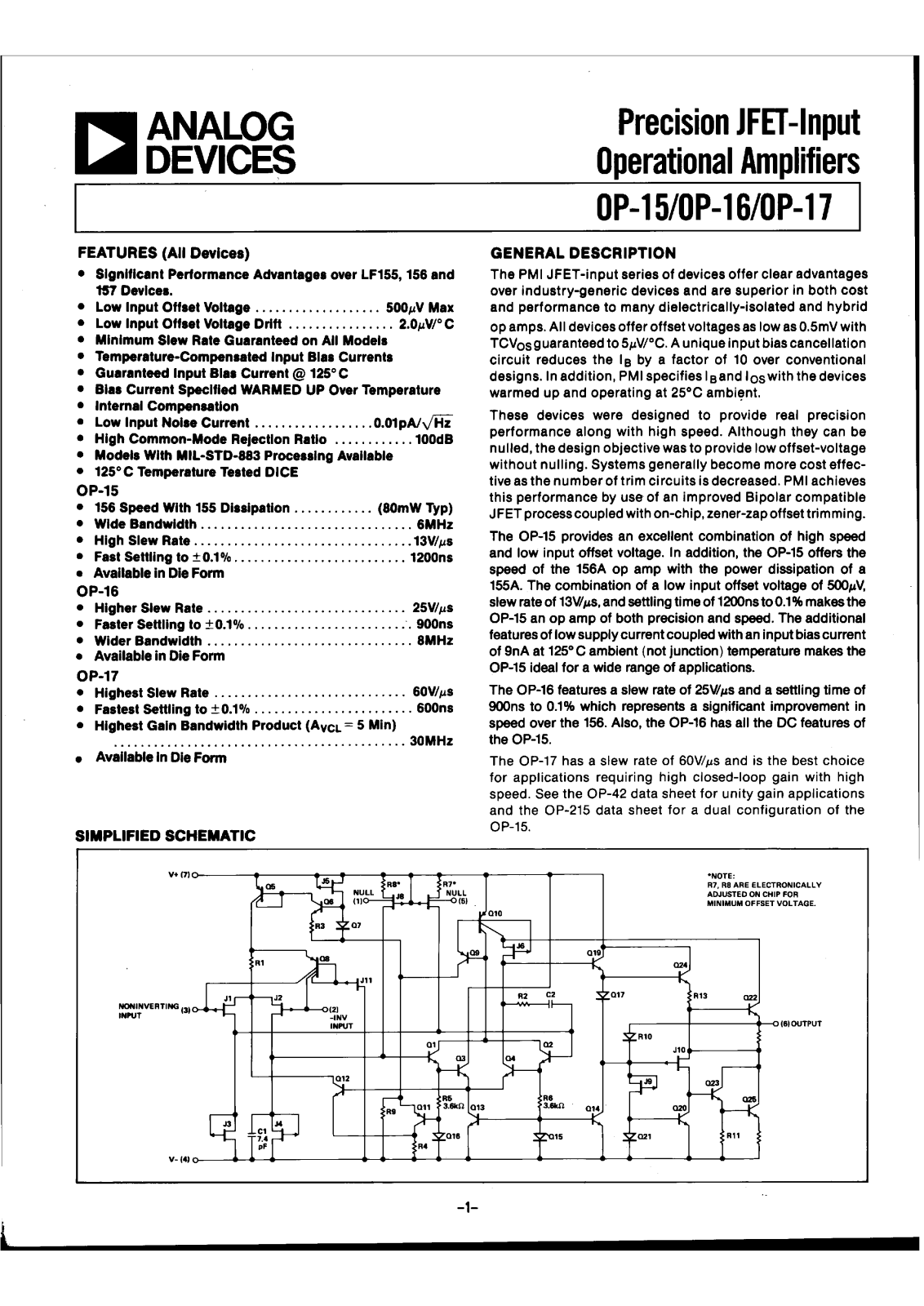 Analog Devices OP17, OP15, OP16 Datasheet