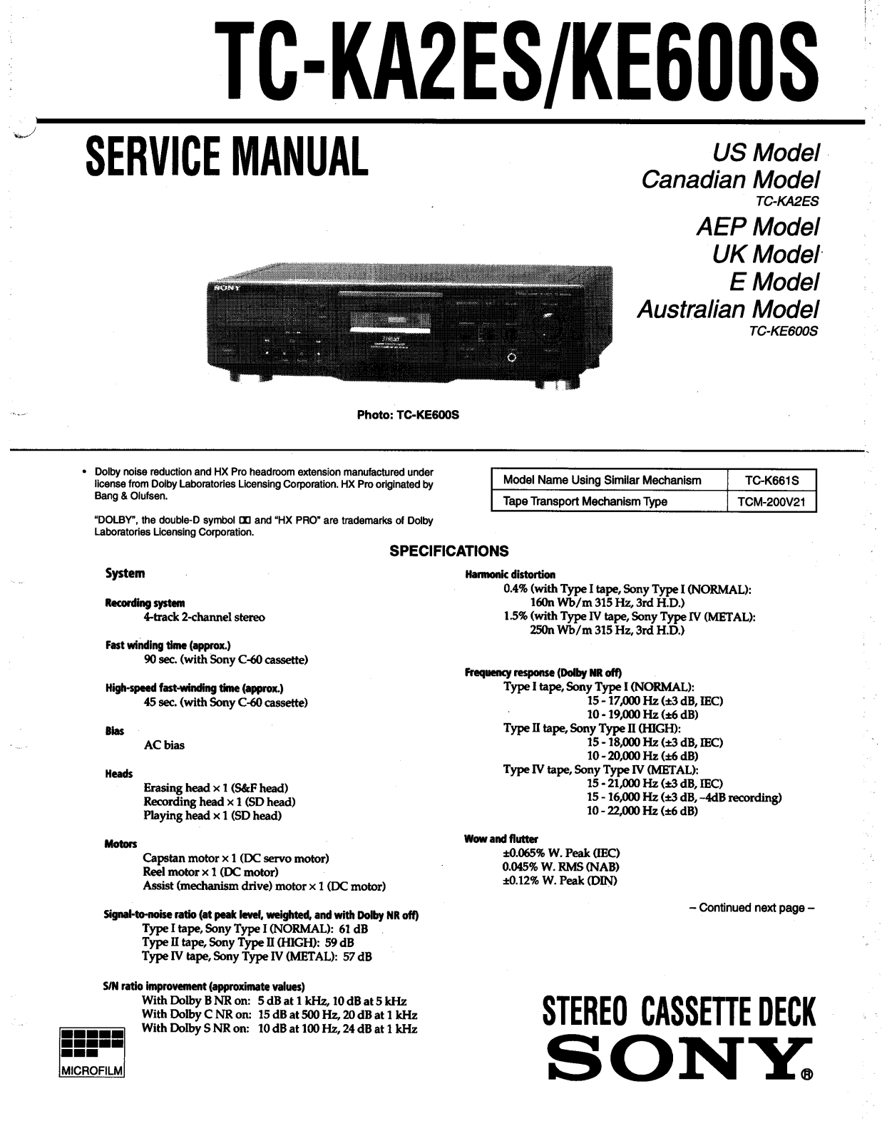 Sony TC-KA2es, TC-KE600s Service Manual