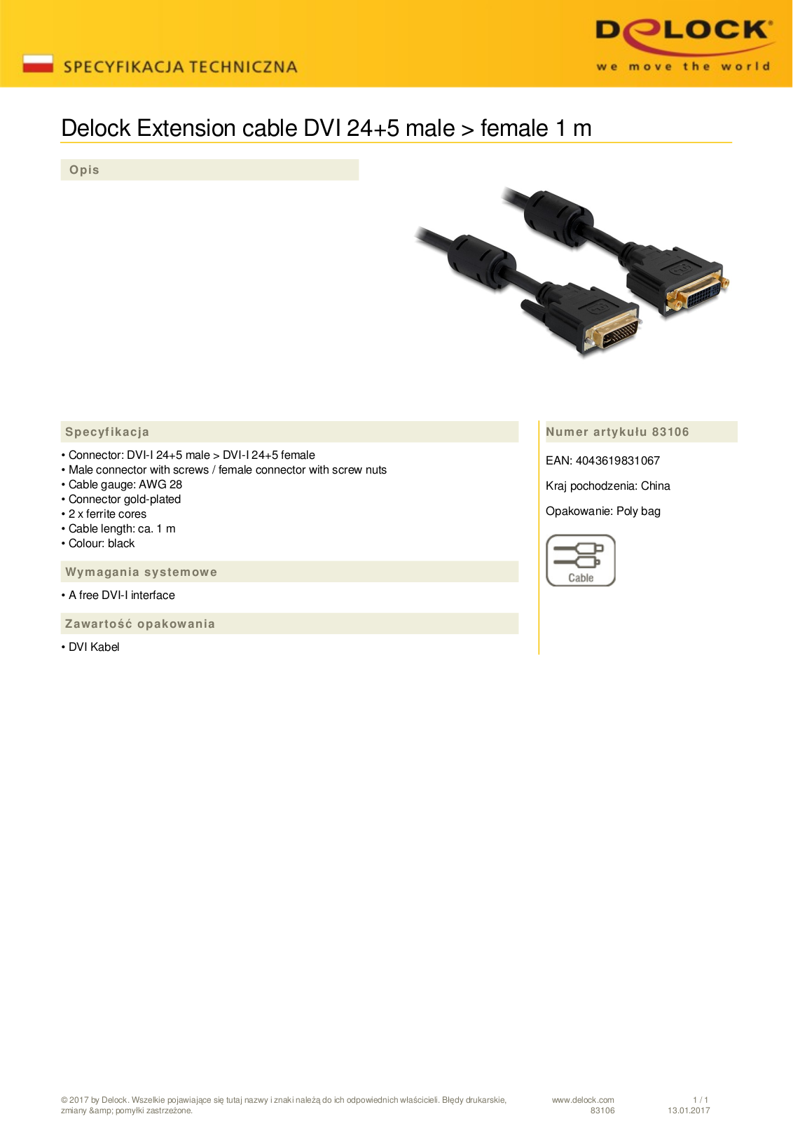 DeLOCK DVI 24+5 extension cable 1m black User Manual