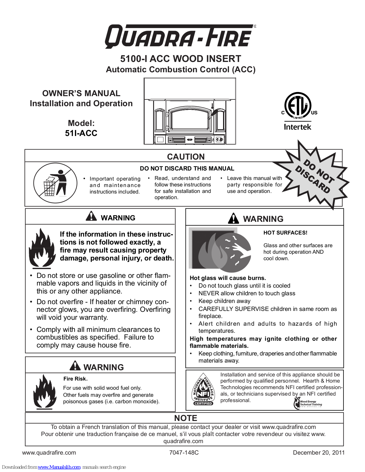 Quadra-Fire 51I-ACC, 5100-I ACC Owner's Manual