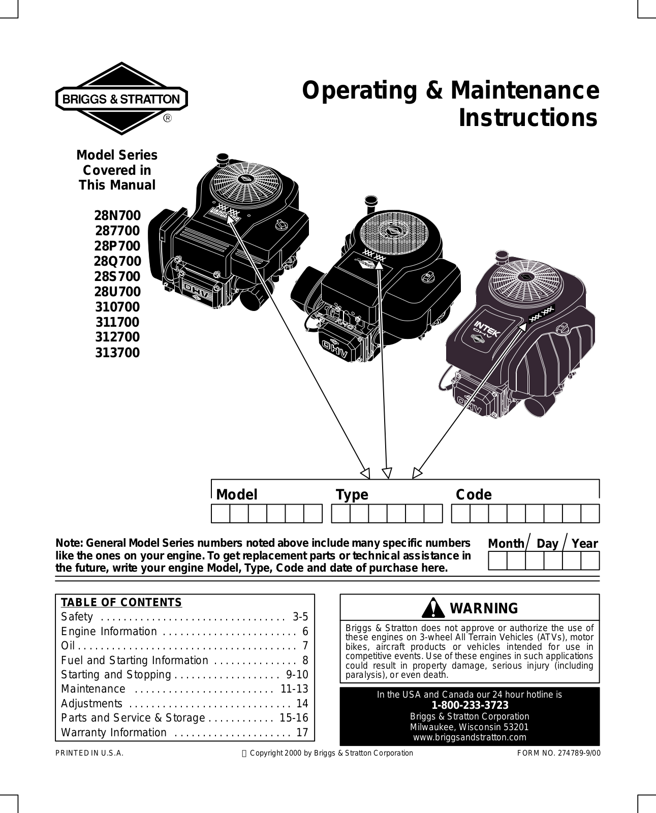 Briggs & Stratton 313700, 310700, 28N700, 312700, 311700 User Manual