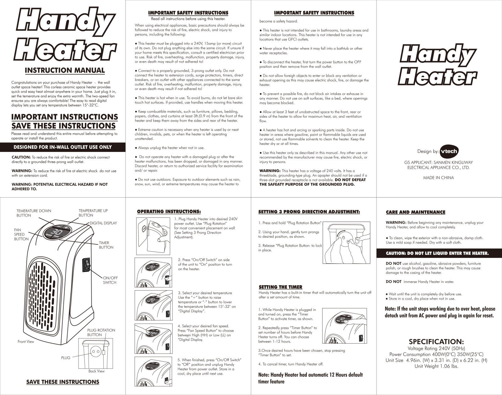 vtech Vtech Handy Heater User Manual