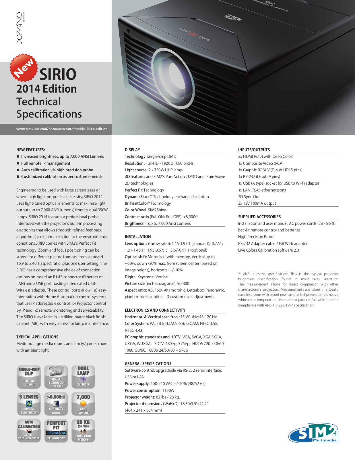 SIM2 SIRIO 2014 Product Sheet