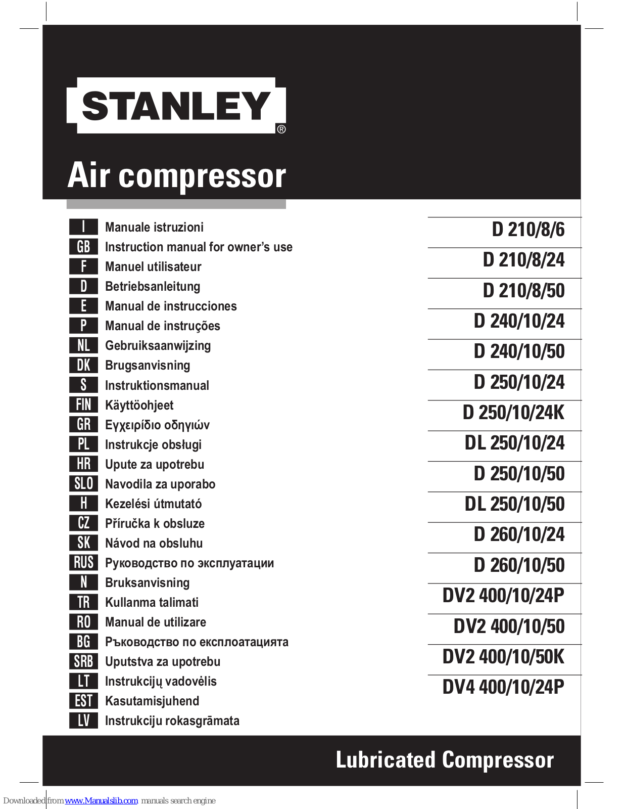 Stanley D 210/8/50, D 250/10/24, D 240/10/24, D 240/10/50, D 250/10/24K Instruction Manual