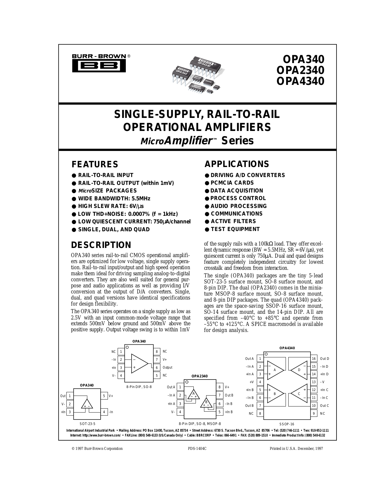 Burr Brown OPA2340UA, OPA2340EA-2K5, OPA340UA-2K5, OPA340NA-3K, OPA4340EA-250 Datasheet