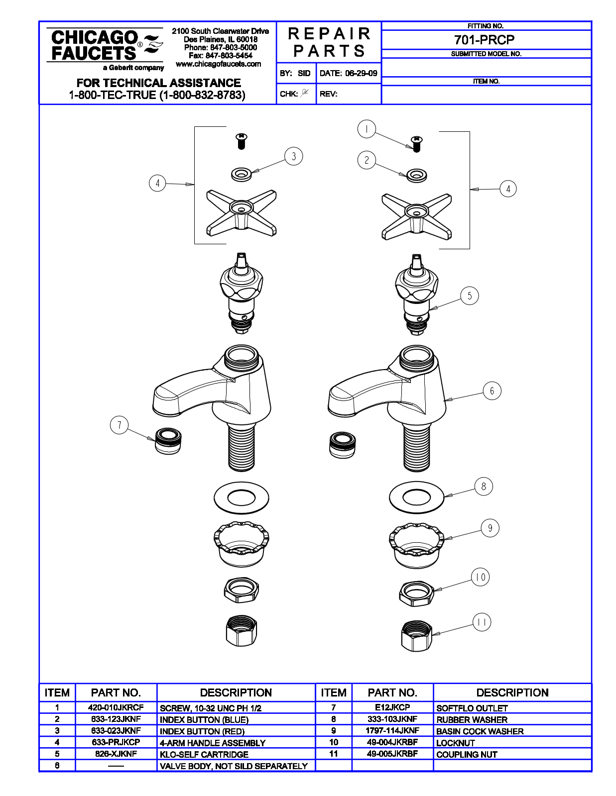 Chicago Faucet 701-PRCP Parts List