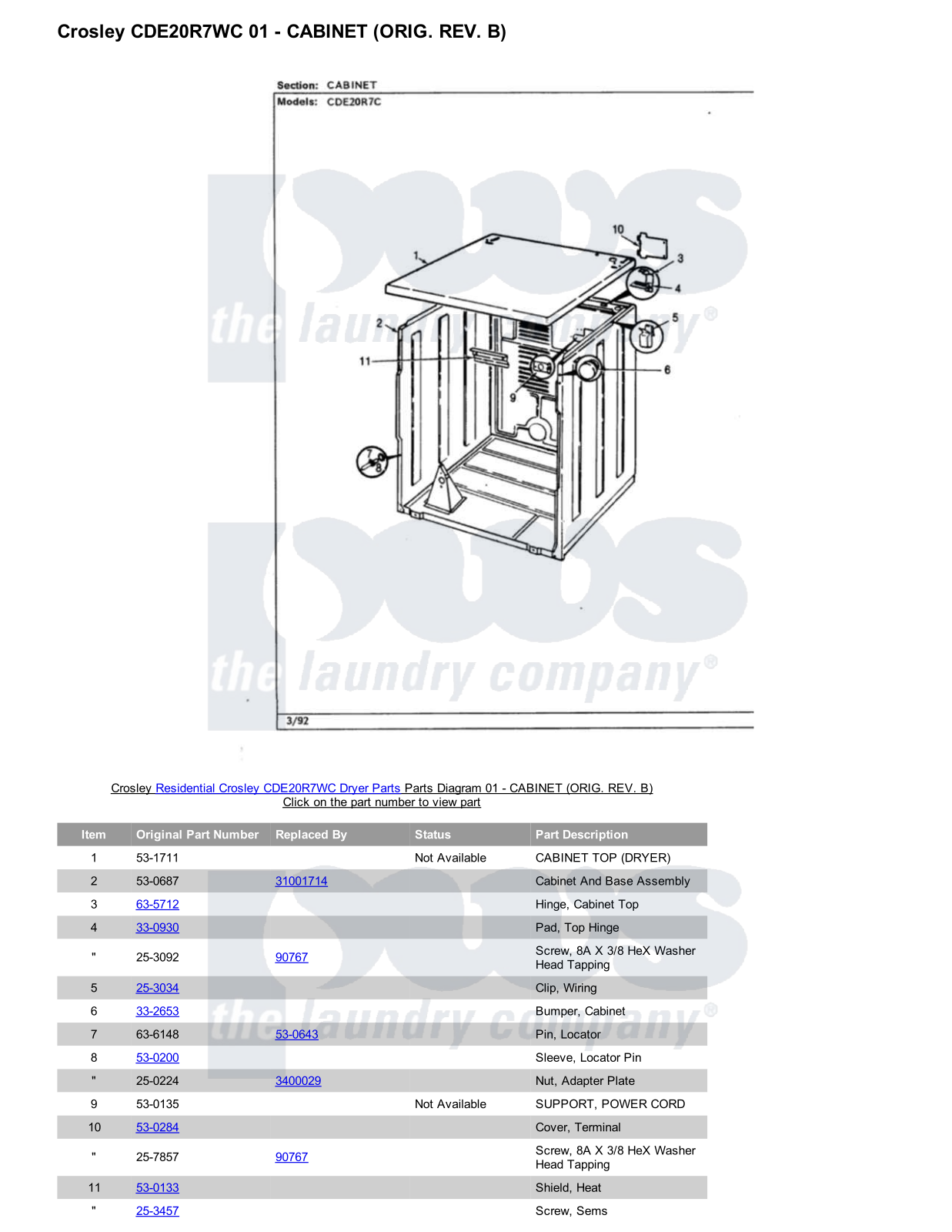 Crosley CDE20R7WC Parts Diagram