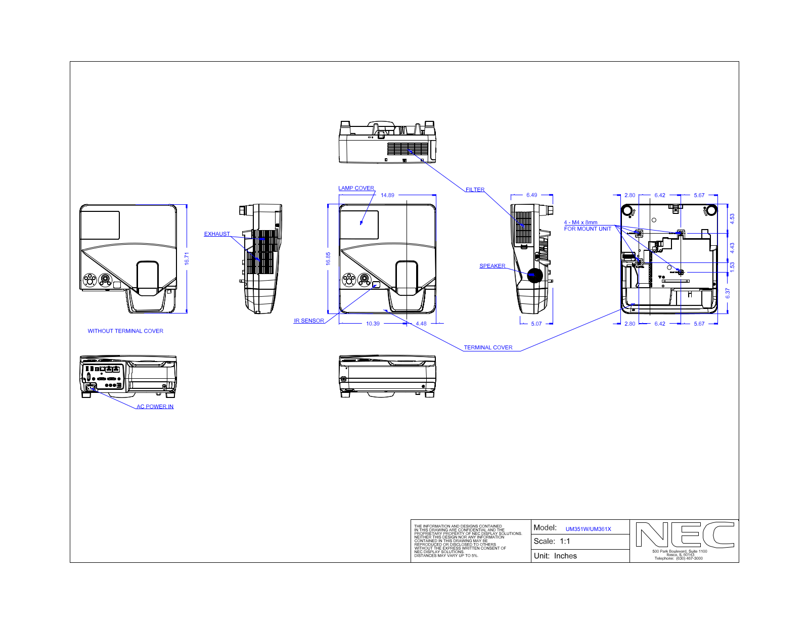 NEC NP-UM351W, NP-UM361Xi-WK, NP-UM351Wi-TM, NP-UM351Wi-WK, NP-UM361X Mechanical Drawings