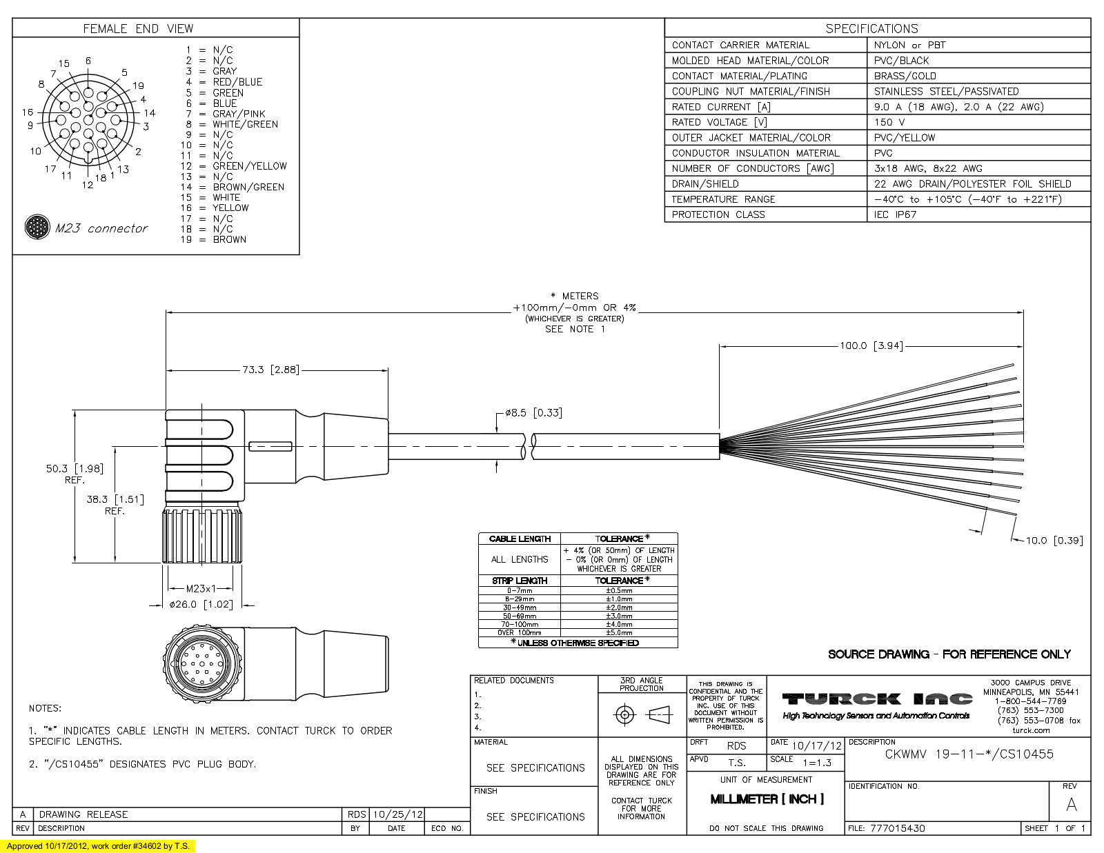 Turck CKWMV19-11-4/CS10455 Specification Sheet