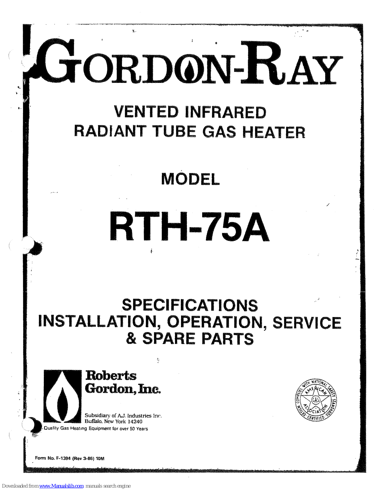 Gordon-Ray RTH-75A Installation, Operation, Service, And Parts Manual - ManualMachine.com