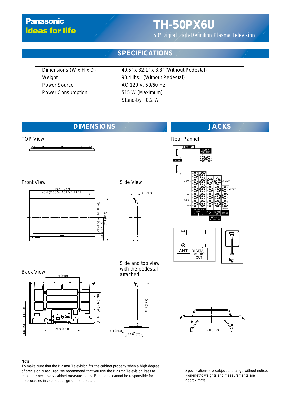 Panasonic th-50px6 cut sheet - ManualMachine.com