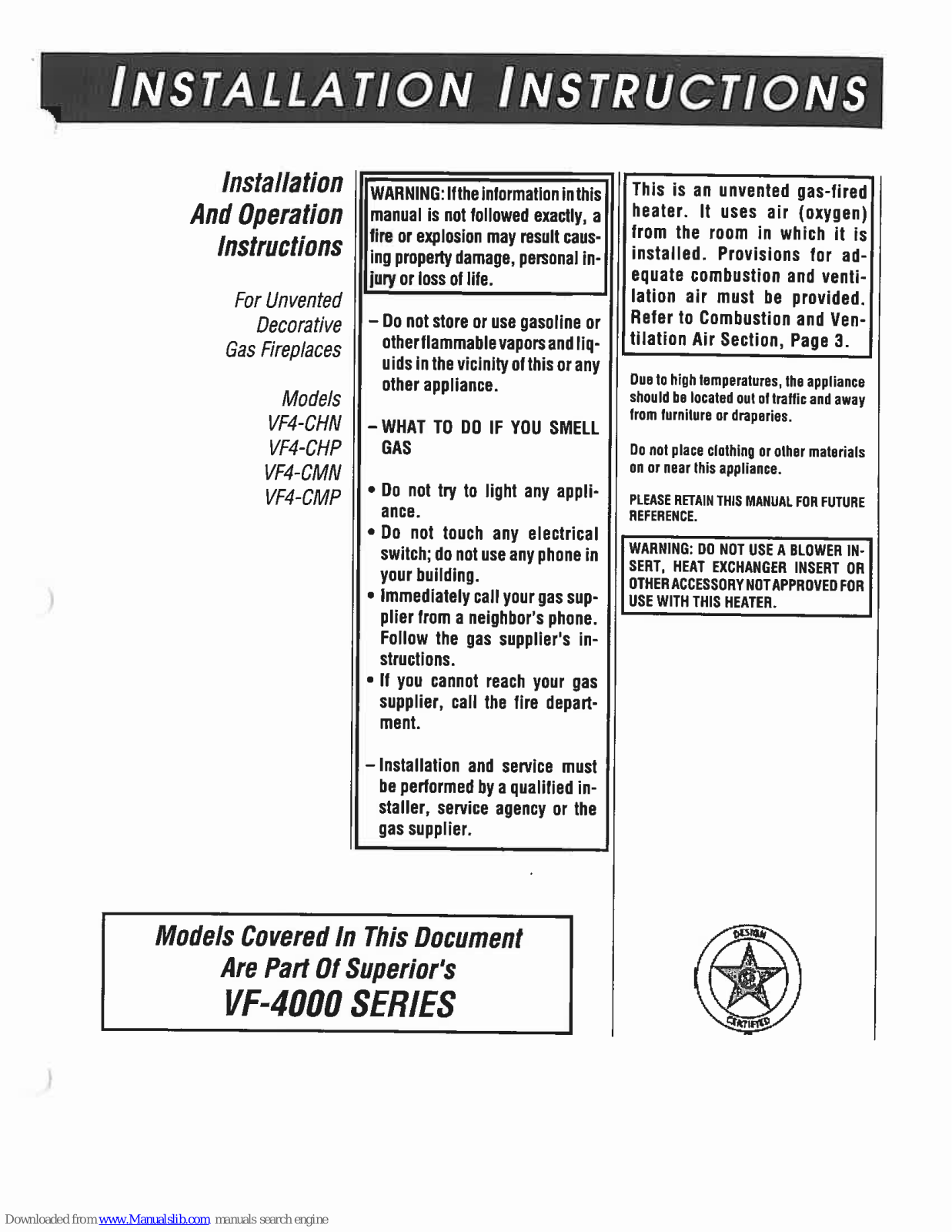 Superior VF4-CHN, VF4-CHP, VF4-CMN, VF4-CMP Installation Instructions Manual