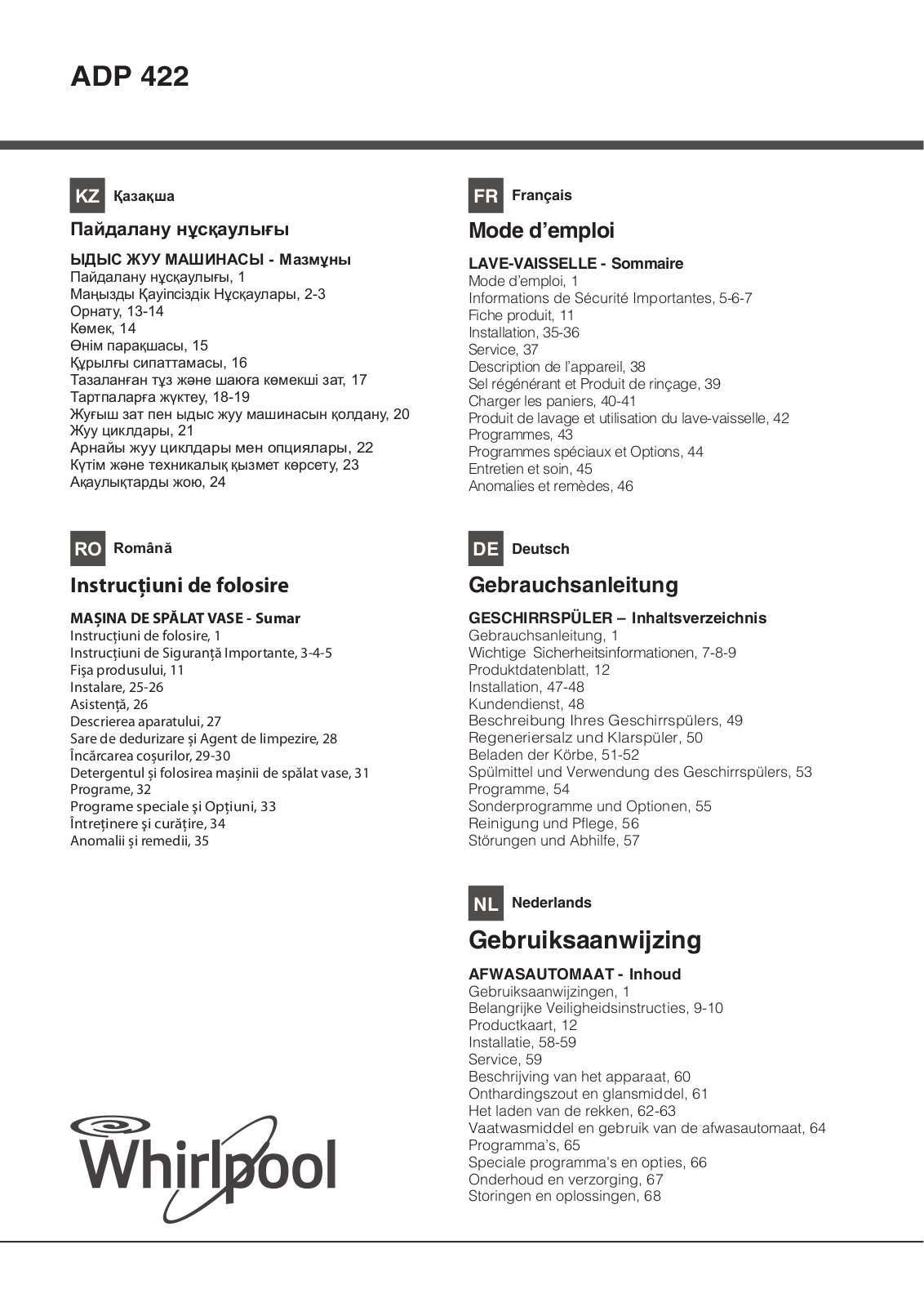 WHIRLPOOL ADP 422 IX User Manual