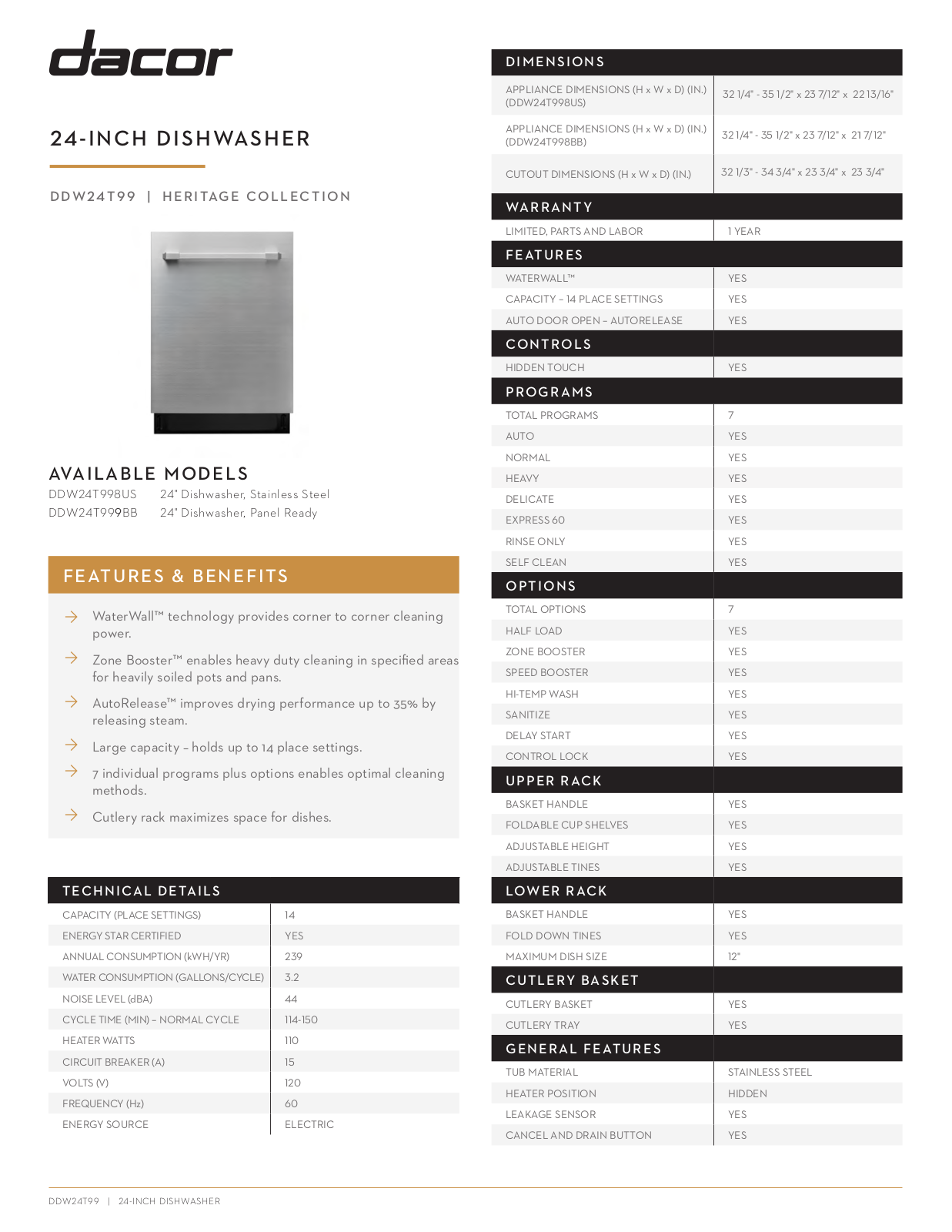 Dacor DDW24T998US, DDW24T999BB Specifications