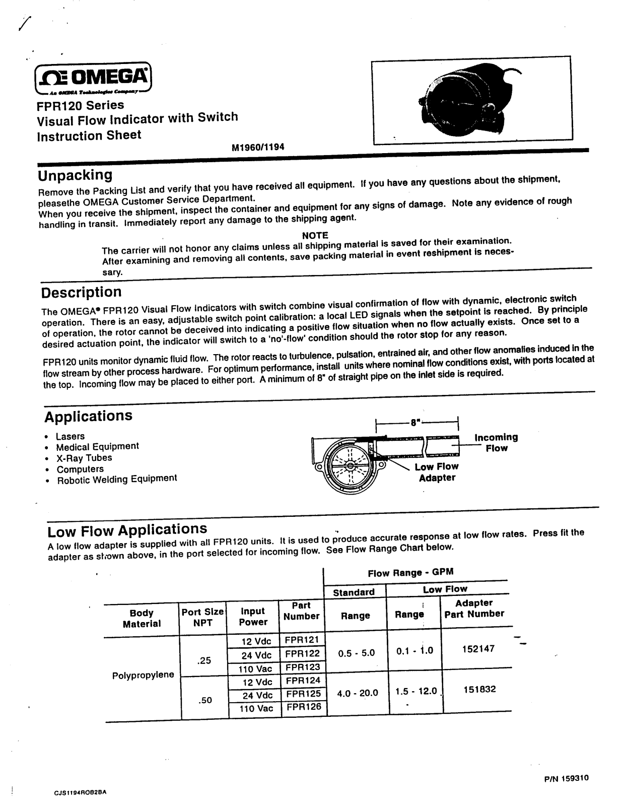 Omega Products FPR120 Installation  Manual