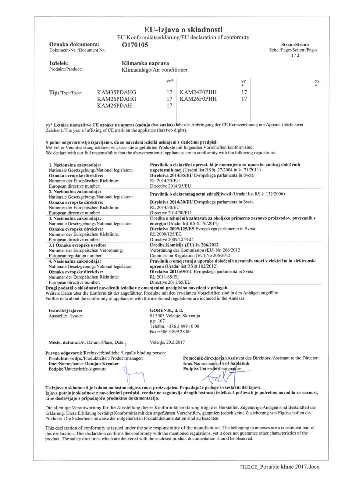 Gorenje KAM26PDAH User Manual