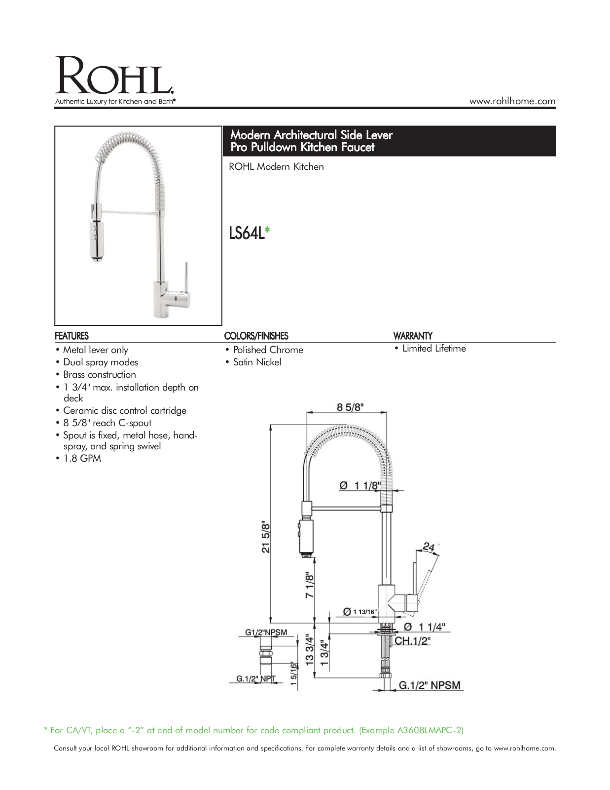 Rohl LS64LPN2 Specs