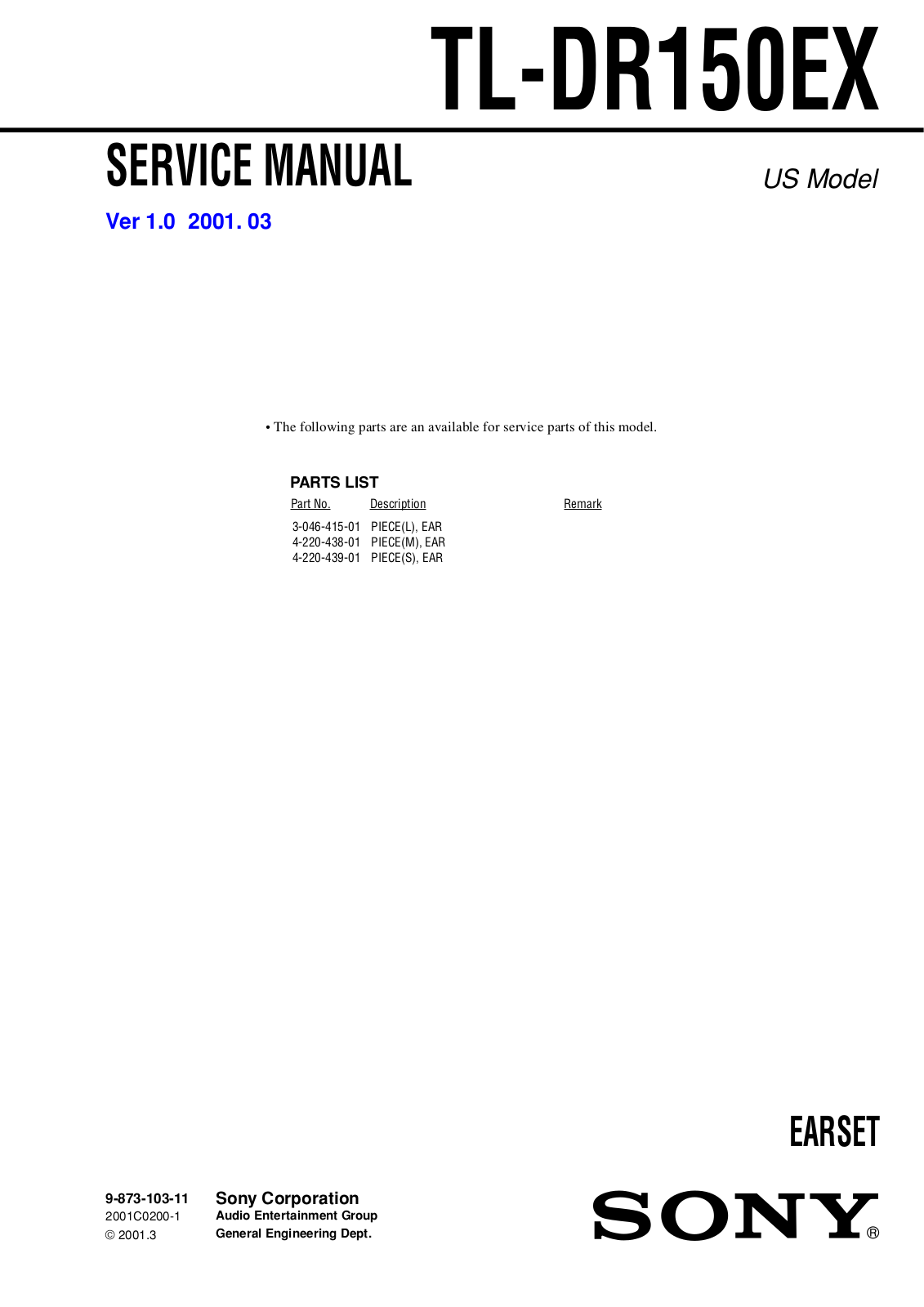 Sony TL-DR150EX Service Manual