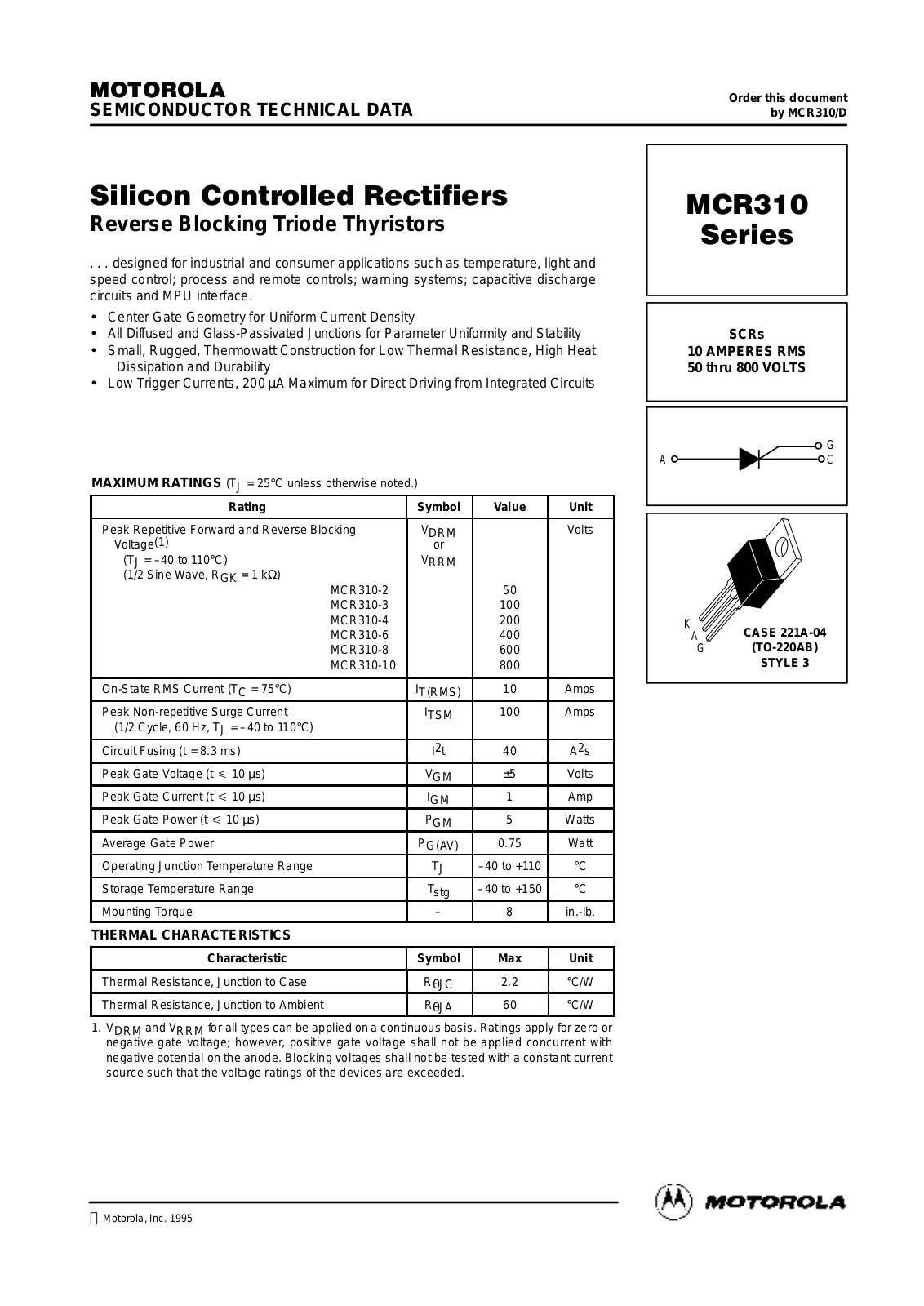 Motorola MCR310-8, MCR310-2, MCR310-3, MCR310-4, MCR310-6 Datasheet