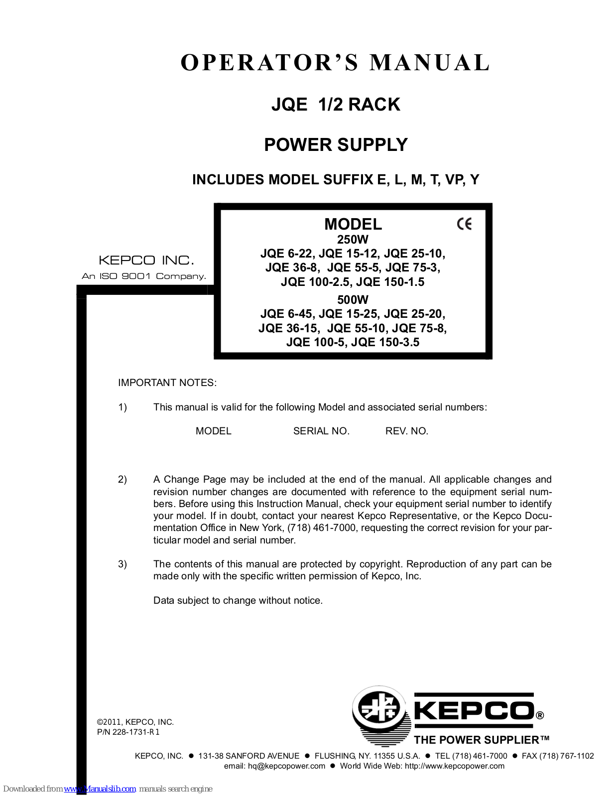 KEPCO JQE 36-8, JQE 75-3, JQE 15-12, JQE 55-5, JQE 100-2.5 Operator's Manual