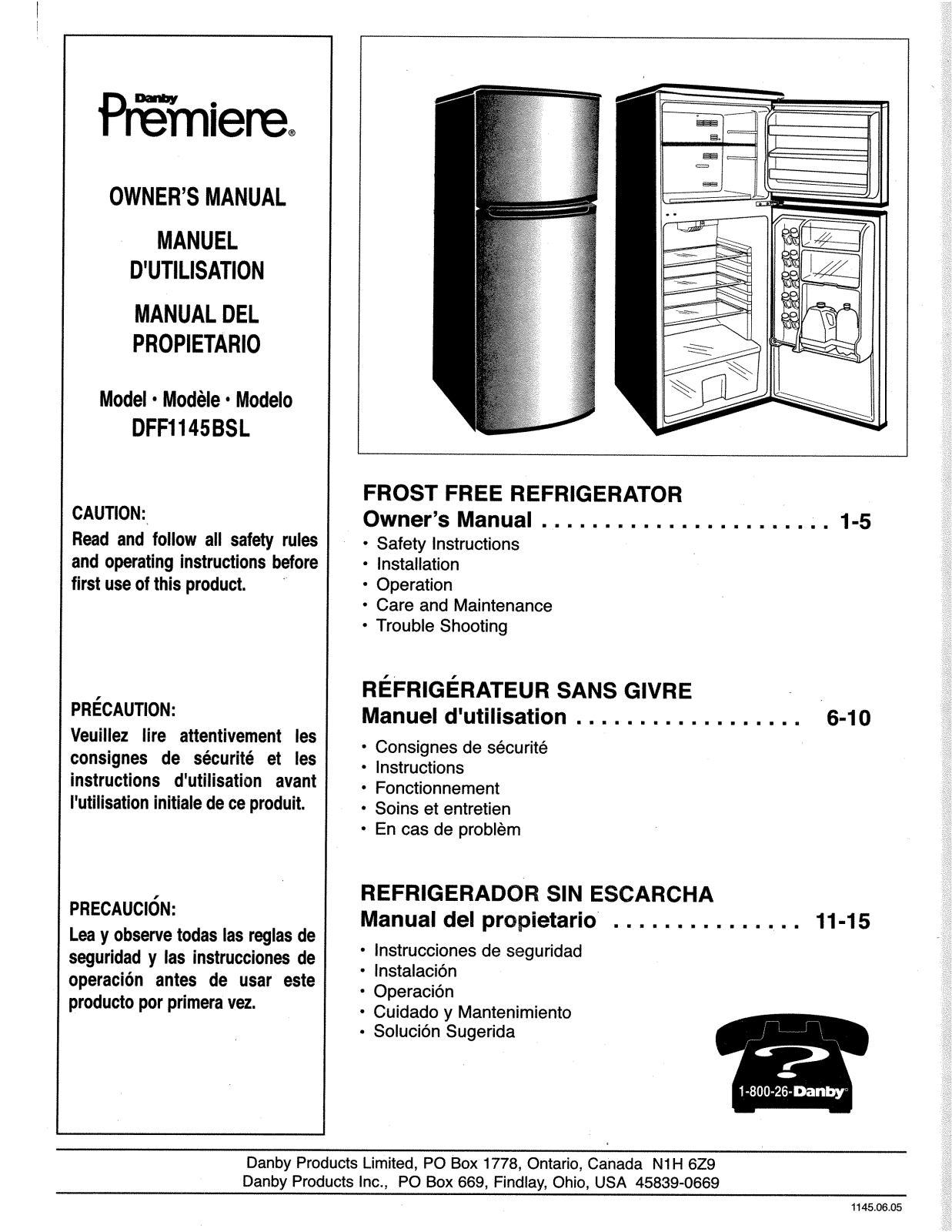 Danby DFF1145BSL Owner's Manual